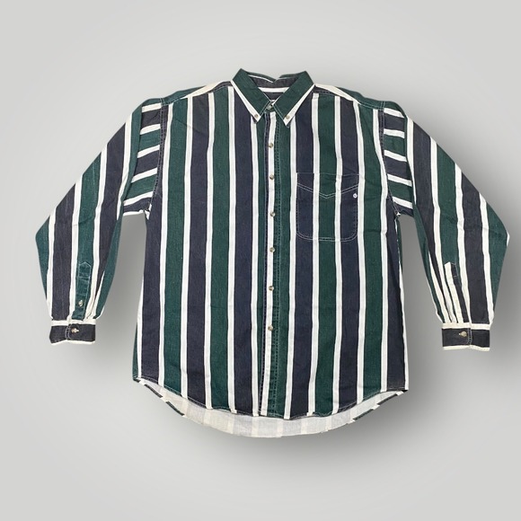 Vintage Blue Zone Denim Striped Shirt Mens L Button Up Long Sleeve Pocket Casual - Picture 1 of 8